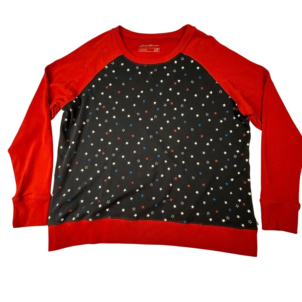 Eddie Bauer Legendwash Women 2XL Red Navy Star Print Raglan Sweatshirt D1059562